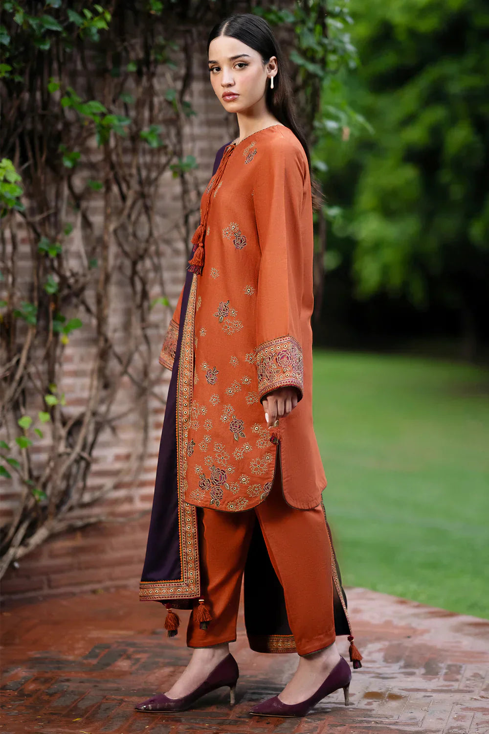 JAZMIN - 3PC DHANAK EMBROIDERED SHIRT WITH DHANAK EMBROIDERED SHAWL AND TROUSER - HZG1800