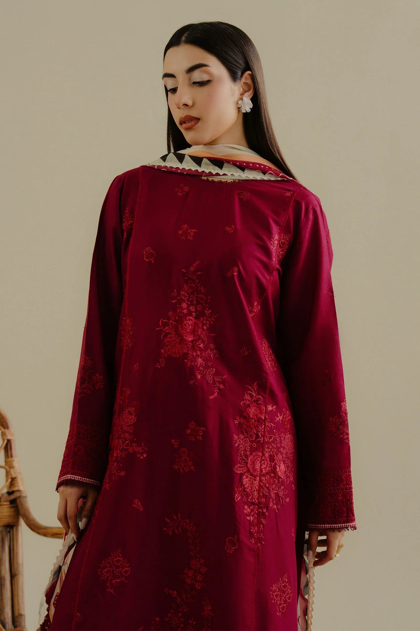 ZARA SHAH JAHAN - 3PC LAWN EMBROIDERED SHIRT WITH CHIFFON PRINTED DUPATTA AND TROUSER - HZG2266