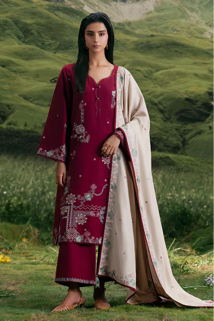 IMAGE - 3PC KHADDAR EMBROIDERED SHIRT WITH DHANAK EMBROIDERED SHAWL AND TROUSER - HZU2598