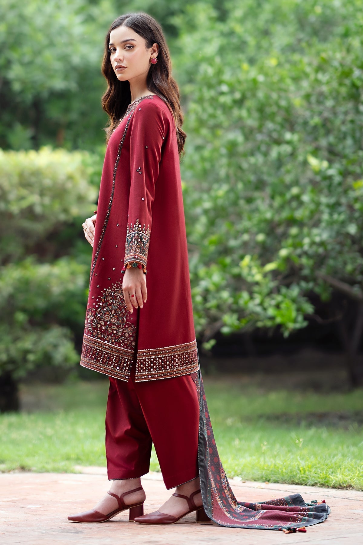 JAZMIN - 3PC DHANAK SEQUIN EMBROIDERED SHIRT WITH TWILL PRINTED SHAWL AND TROUSER - HZG1886