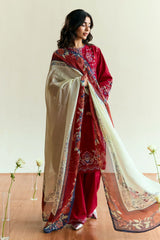ZARA SHAH JAHAN - 3PC DHANAK EMBROIDERED SHIRT WITH TWILL PRINTED SHAWL AND TROUSER - HZG2339