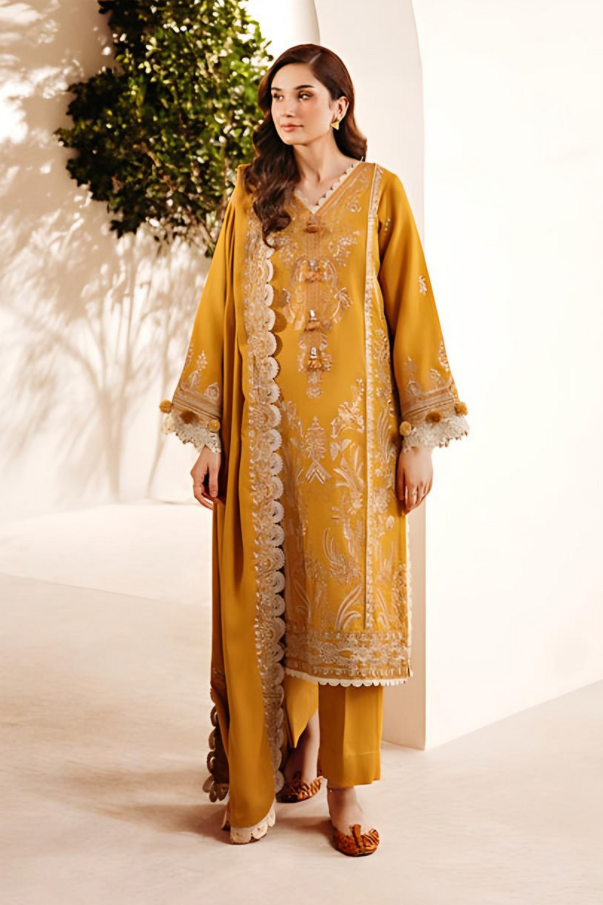 FLORENT - 3PC DHANAK EMBROIDERED SHIRT WITH DHANAK EMBROIDERED SHAWL AND TROUSER - HZG2454
