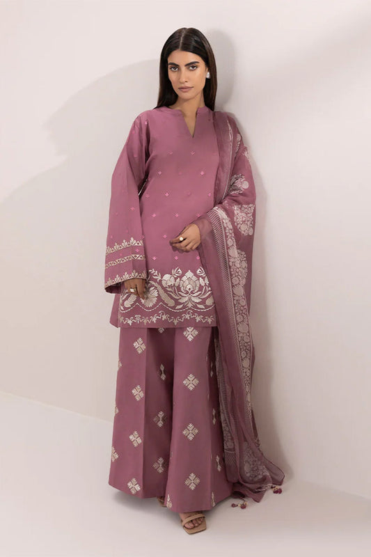 SAPPHIRE - 3PC DHANAK EMBROIDERED SHIRT WITH TWILL PRINTED SHAWL AND EMBROIDERED TROUSER - HZG2331