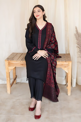 AISLING - 3PC DHANAK EMBROIDERED SHIRT WITH SLUB WOOL SHAWL AND TROUSER - HZG1386