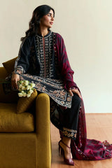 ZARA SHAH JAHAN - 3PC DHANAK EMBROIDERED SHIRT WITH TWILL PRINTED SHAWL AND EMBROIDERED TROUSER - HZG2314
