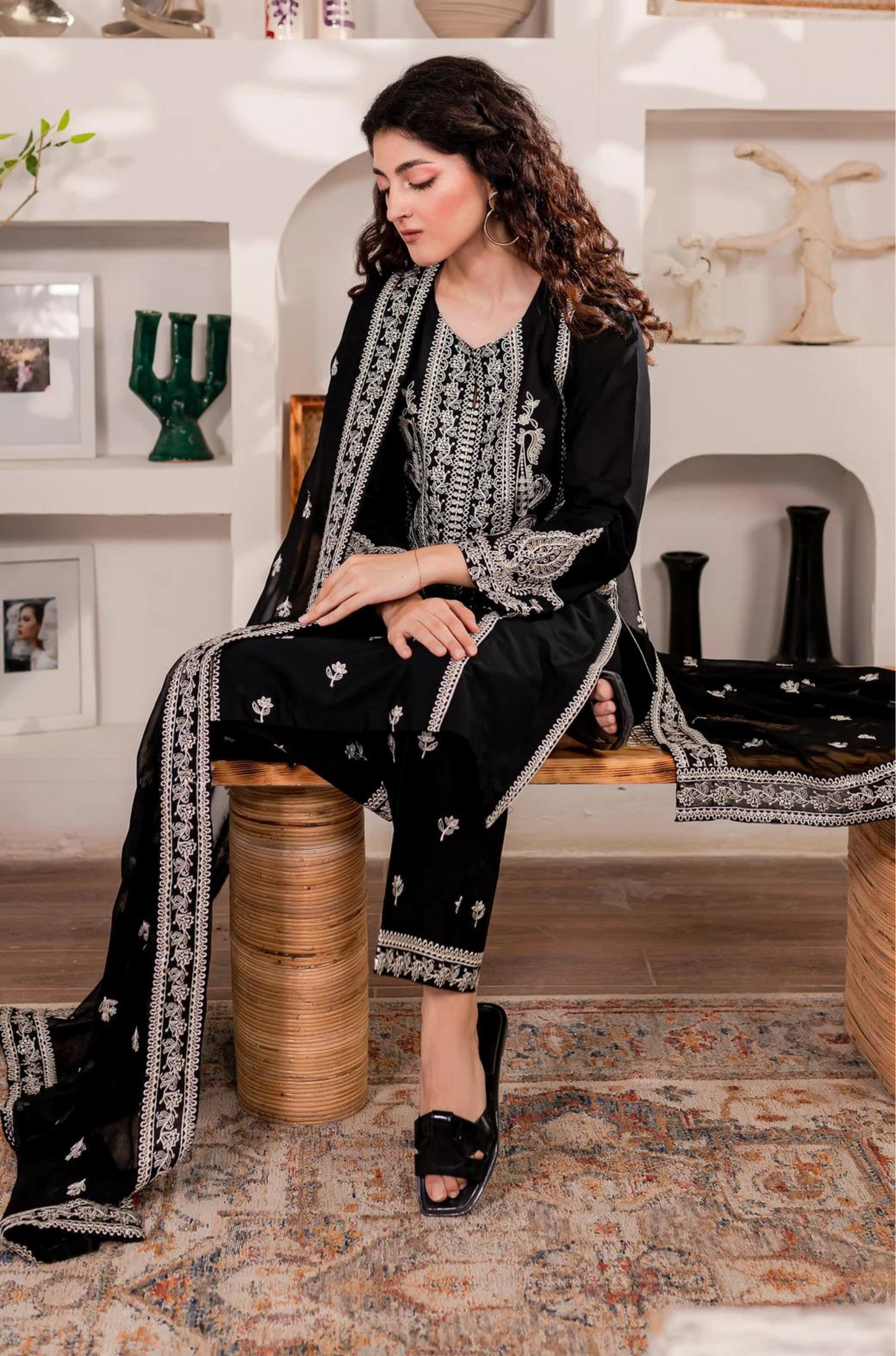 BATIK - 3PC  DHANAK EMBROIDERED SHIRT WITH EMBROIDERED ORGANZA DUPATTA AND TROUSER - HZG1340