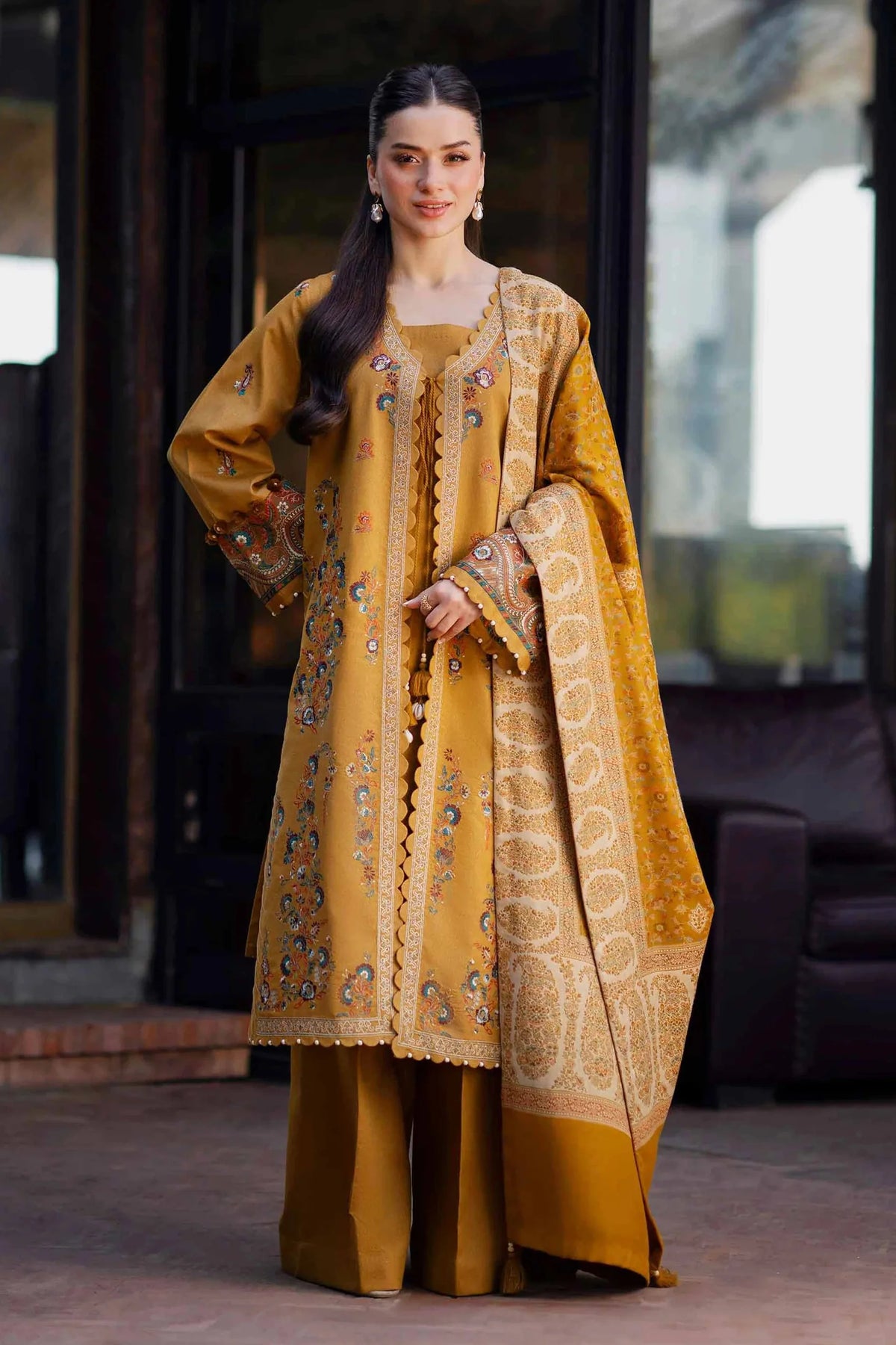 NISHAT - 3PC KHADDAR EMBROIDERED SHIRT WITH TWILL PRINTED SHAWL AND TROUSER - HZU2597