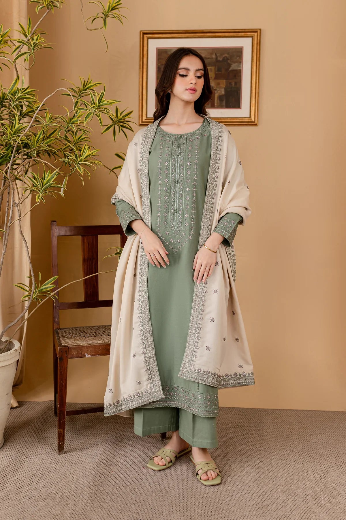 BATIK - 3PC DHANAK EMBROIDERED SHIRT WITH DHANAK EMBROIDERED SHAWL AND TROUSER - HZG1479