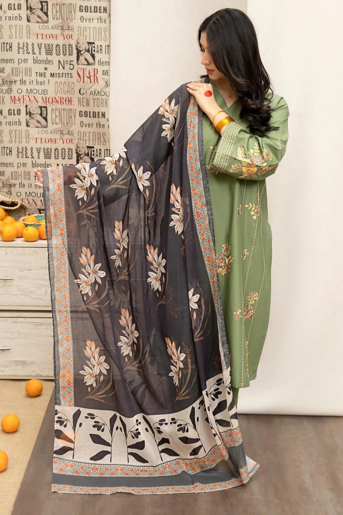 URGE - 3PC DHANAK EMBROIDERED SHIRT WITH TWILL PRINTED SHAWL AND EMBROIDERED TROUSER - HZG2356