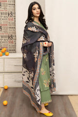 URGE - 3PC DHANAK EMBROIDERED SHIRT WITH TWILL PRINTED SHAWL AND EMBROIDERED TROUSER - HZG2356
