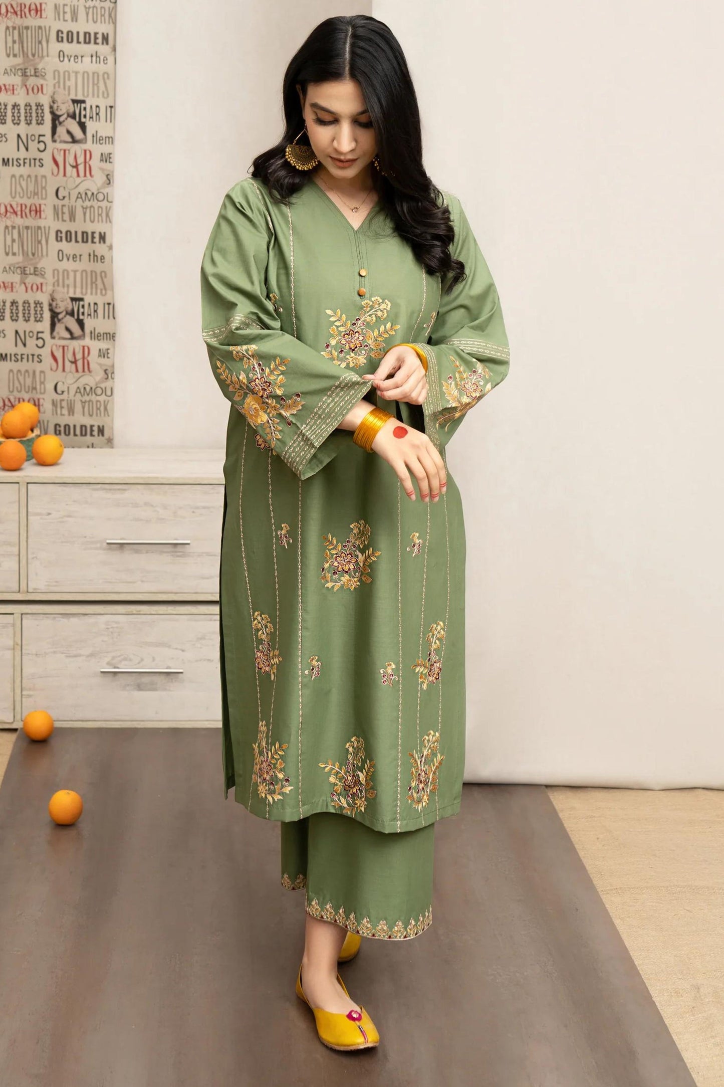 URGE - 3PC DHANAK EMBROIDERED SHIRT WITH TWILL PRINTED SHAWL AND EMBROIDERED TROUSER - HZG2356