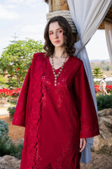 GARNET - 3PC LAWN CHIKANKAARI EMBROIDERED SHIRT WITH KHADDI NET EMBROIDERED DUPATTA AND TROUSER - HZG2997