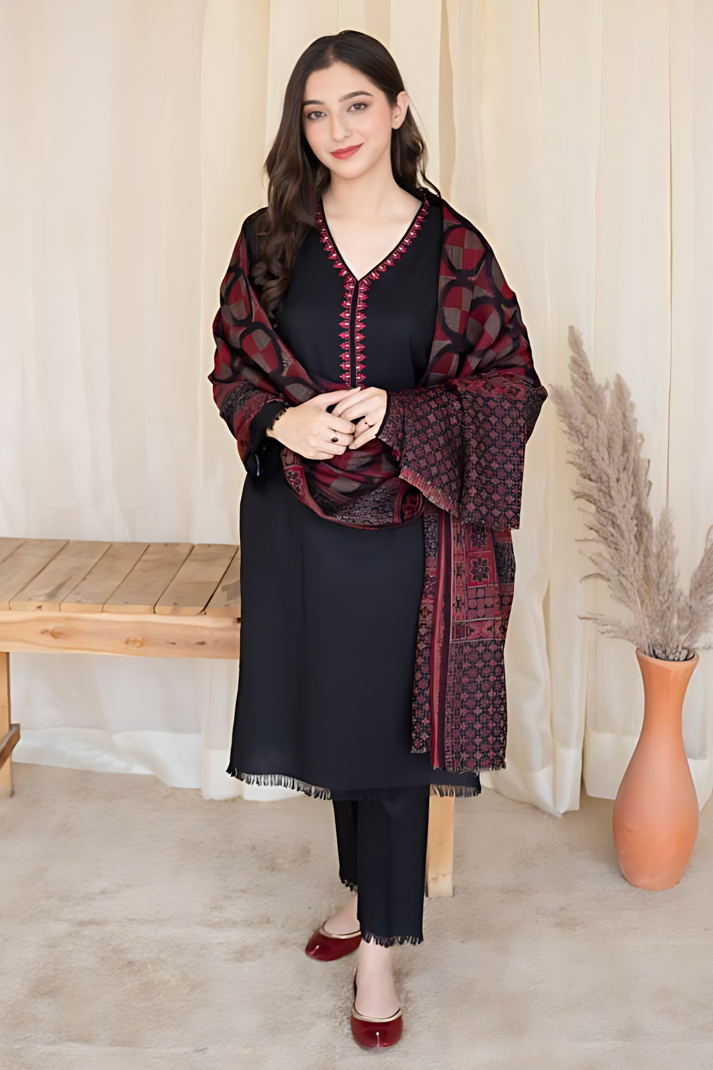 AISLING - 3PC DHANAK EMBROIDERED SHIRT WITH SLUB PRINTED SHAWL AND TROUSER - HZG1386