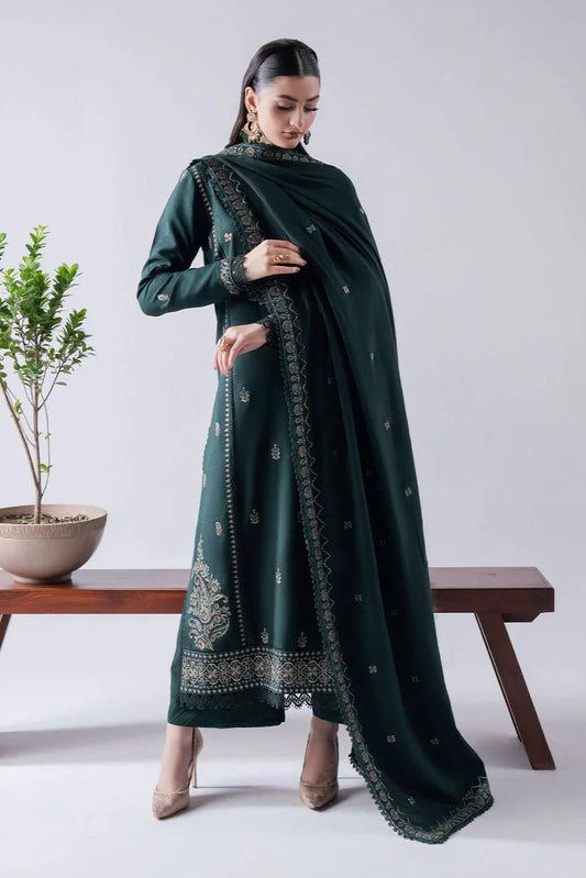 ASIM JOFA - 3PC DHANAK EMBROIDERED SHIRT WITH DHANAK EMBROIDERED SHAWL AND TROUSER - HZG2337