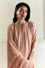 ZARA SHAH JAHAN - 3PC DHANAK EMBROIDERED SHIRT WITH DHANAK EMBROIDERED SHAWL AND TROUSER - HZG2330