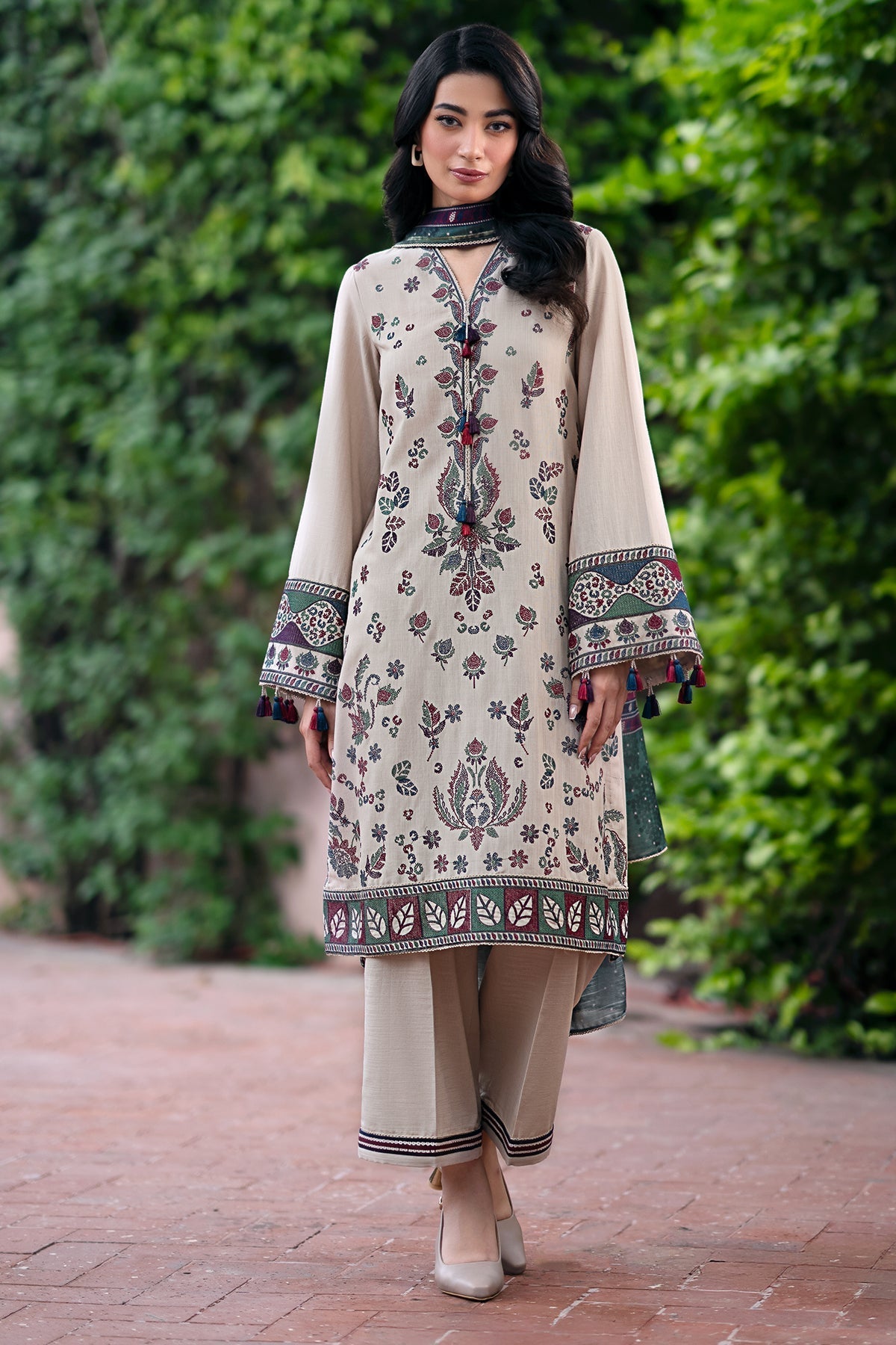 JAZMIN - 3PC DHANAK EMBROIDERED SHIRT WITH TWILL PRINTED SHAWL AND TROUSER - HZG1882