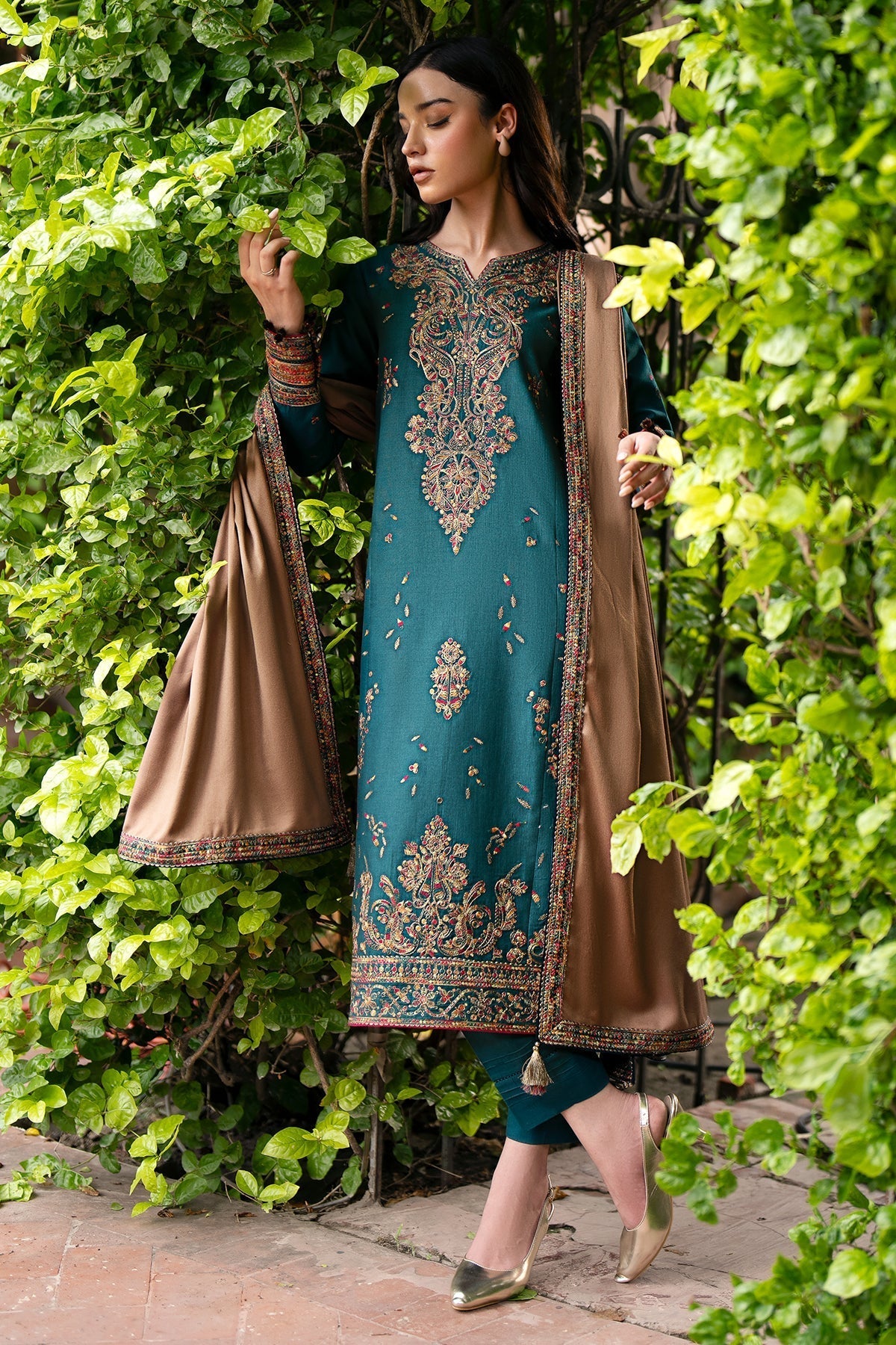 JAZMIN - 3PC DHANAK EMBROIDERED SHIRT WITH DHANAK EMBROIDERED SHAWL AND TROUSER - HZG1844