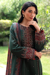 JAZMIN - 3PC DHANAK SEQUIN EMBROIDERED SHIRT WITH TWILL PRINTED SHAWL AND TROUSER - HZG1885