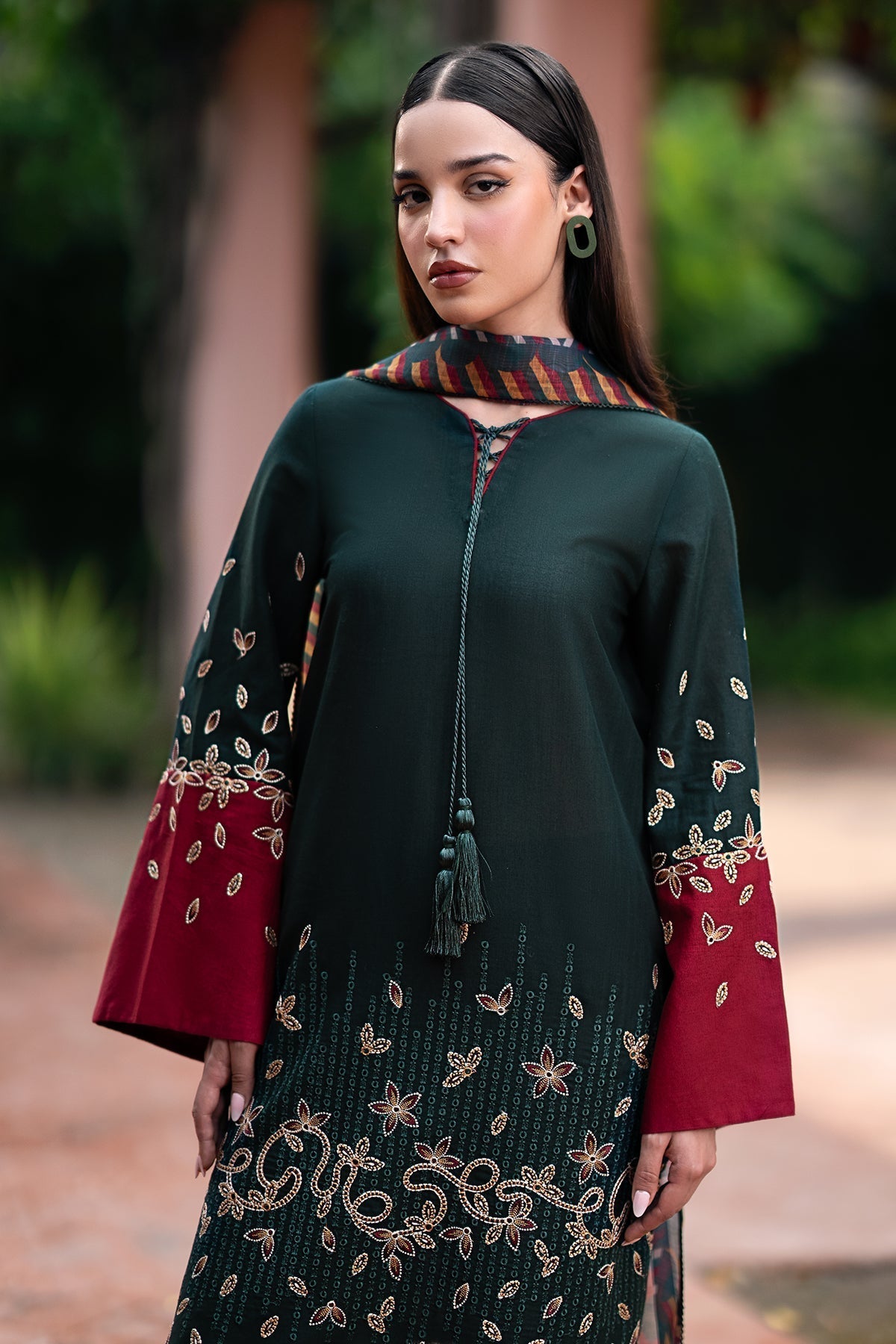 JAZMIN - 3PC DHANAK EMBROIDERED SHIRT WITH TWILL PRINTED SHAWL AND TROUSER - HZG1829