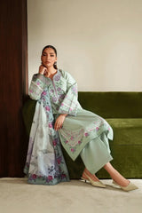 SERAN - 3PC DHANAK EMBROIDERED SHIRT WITH TWILL PRINTED SHAWL AND TROUSER - HZU2536