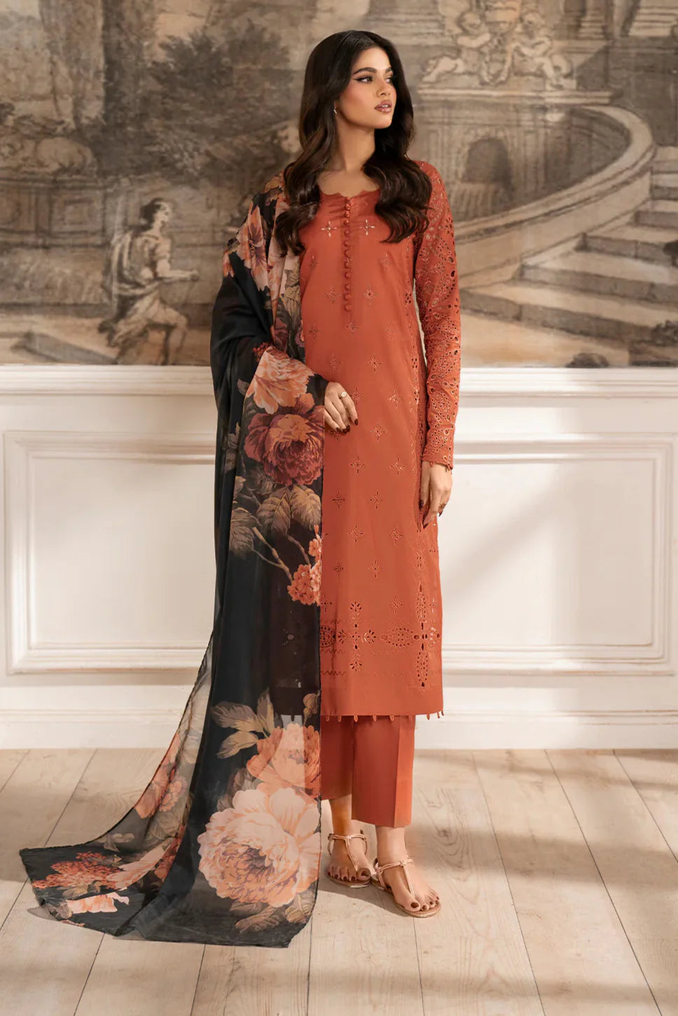 IZNIK - 3PC LAWN EMBROIDERED SHIRT WITH MANAAR PRINTED DUPATTA AND TROUSER - HZG2268