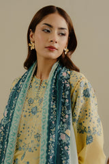 ZARA SHAH JAHAN - 3PC DHANAK EMBROIDERED SHIRT WITH TWILL PRINTED SHAWL AND TROUSER - HZG2293