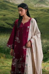 IMAGE - 3PC KHADDAR EMBROIDERED SHIRT WITH DHANAK EMBROIDERED SHAWL AND TROUSER - HZU2598