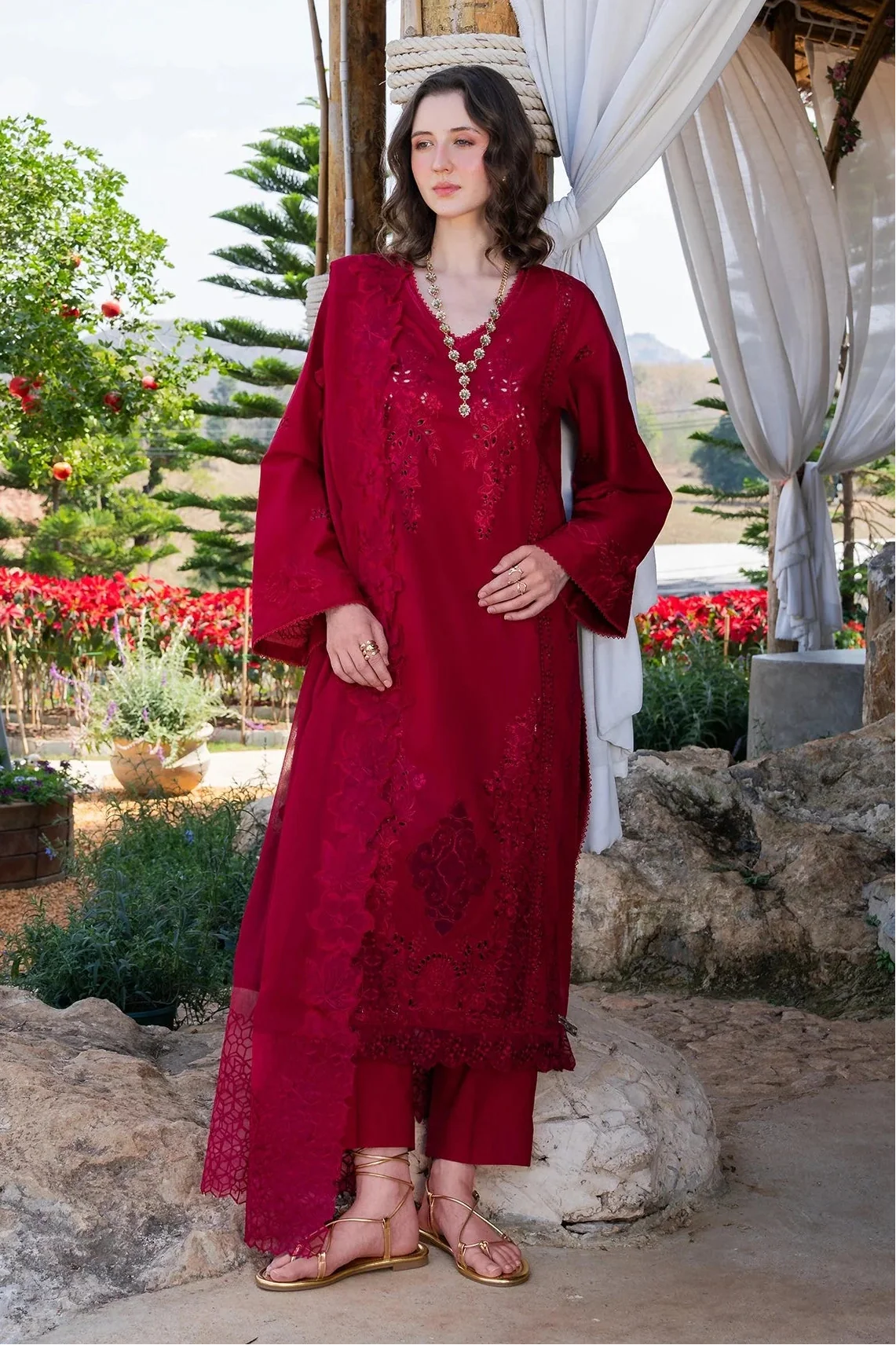 GARNET - 3PC LAWN CHIKANKAARI EMBROIDERED SHIRT WITH KHADDI NET EMBROIDERED DUPATTA AND TROUSER - HZG2997
