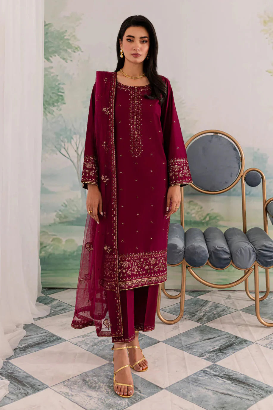 JAZMIN - 3PC DHANAK EMBROIDERED SHIRT WITH ORGANZA EMBROIDERED DUPATTA AND TROUSER - HZG2415