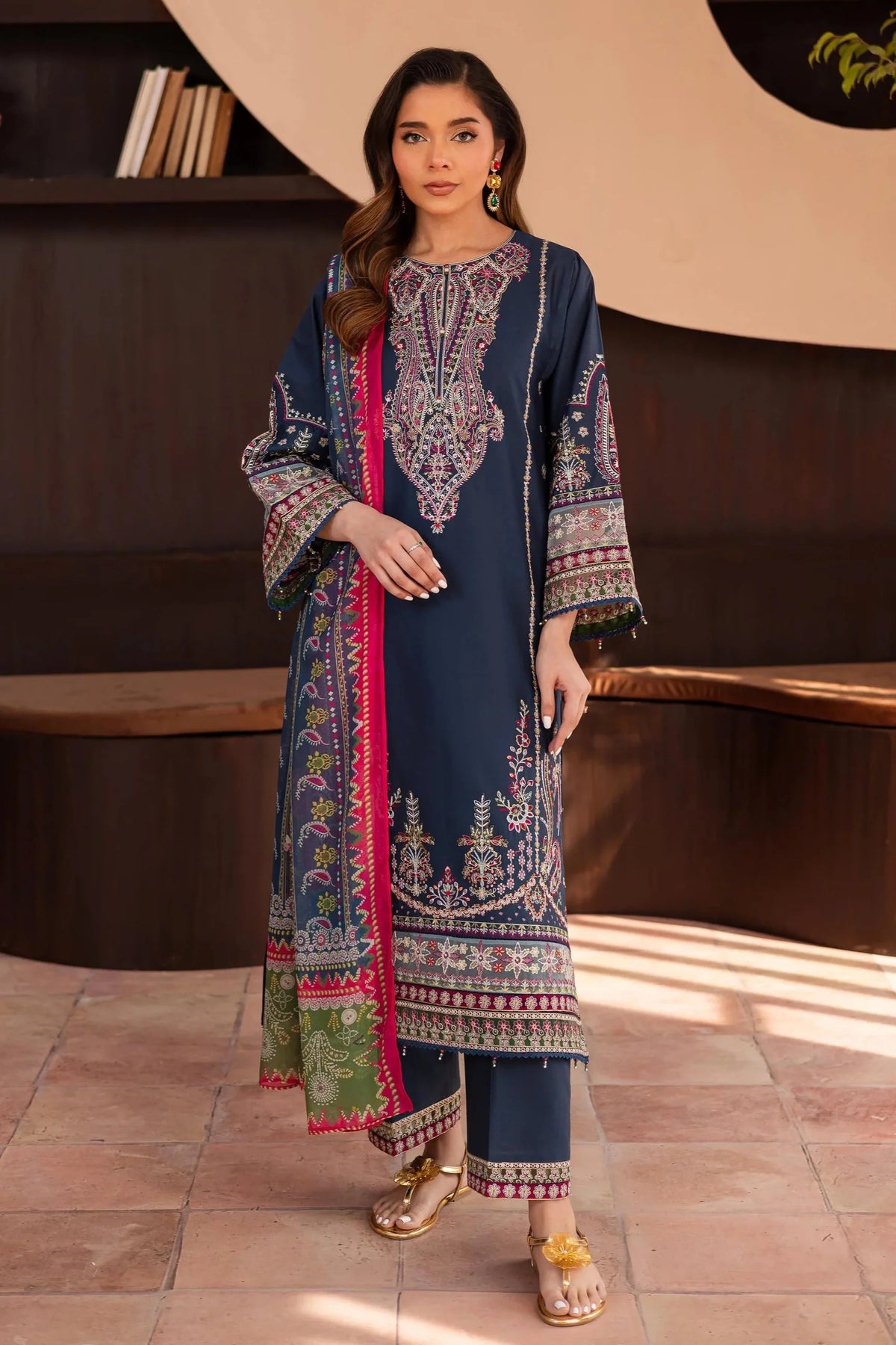 BATIK - 3PC DHANAK EMBROIDERED SHIRT WITH TWILL PRINTED SHAWL AND TROUSER - HZG2417