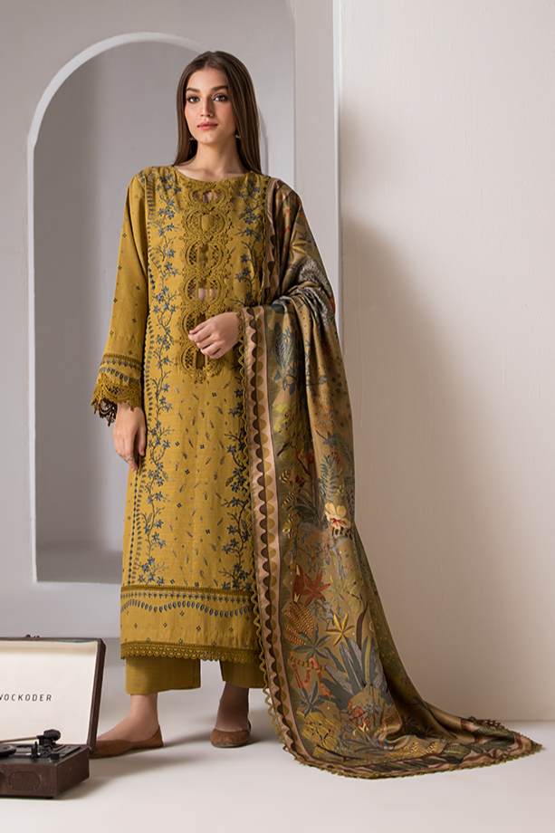 SOBIA NAZIR - 3PC DHANAK EMBROIDERED SHIRT WITH TWILL PRINTED SHAWL AND TROUSER - HZG1923
