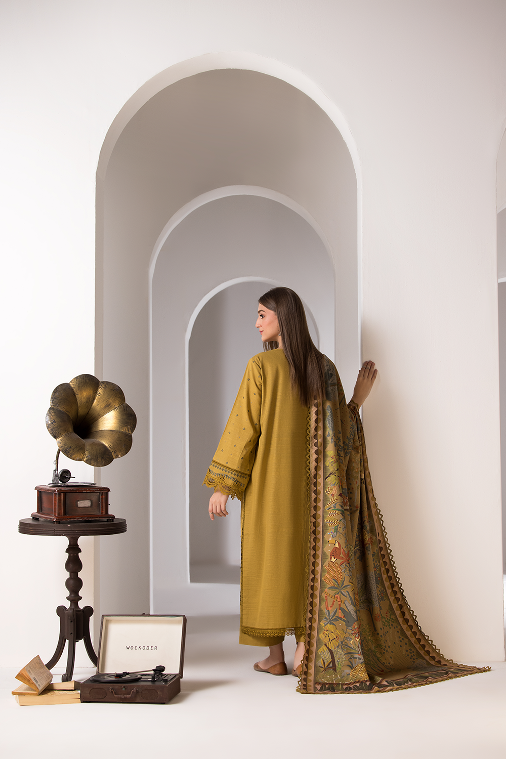 SOBIA NAZIR - 3PC DHANAK EMBROIDERED SHIRT WITH TWILL PRINTED SHAWL AND TROUSER - HZG1923