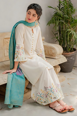 DYOT - 3PC DHANAK EMBROIDERED SHIRT WITH PRINTED MANAAR DUPATTA AND TROUSER - HZG1466