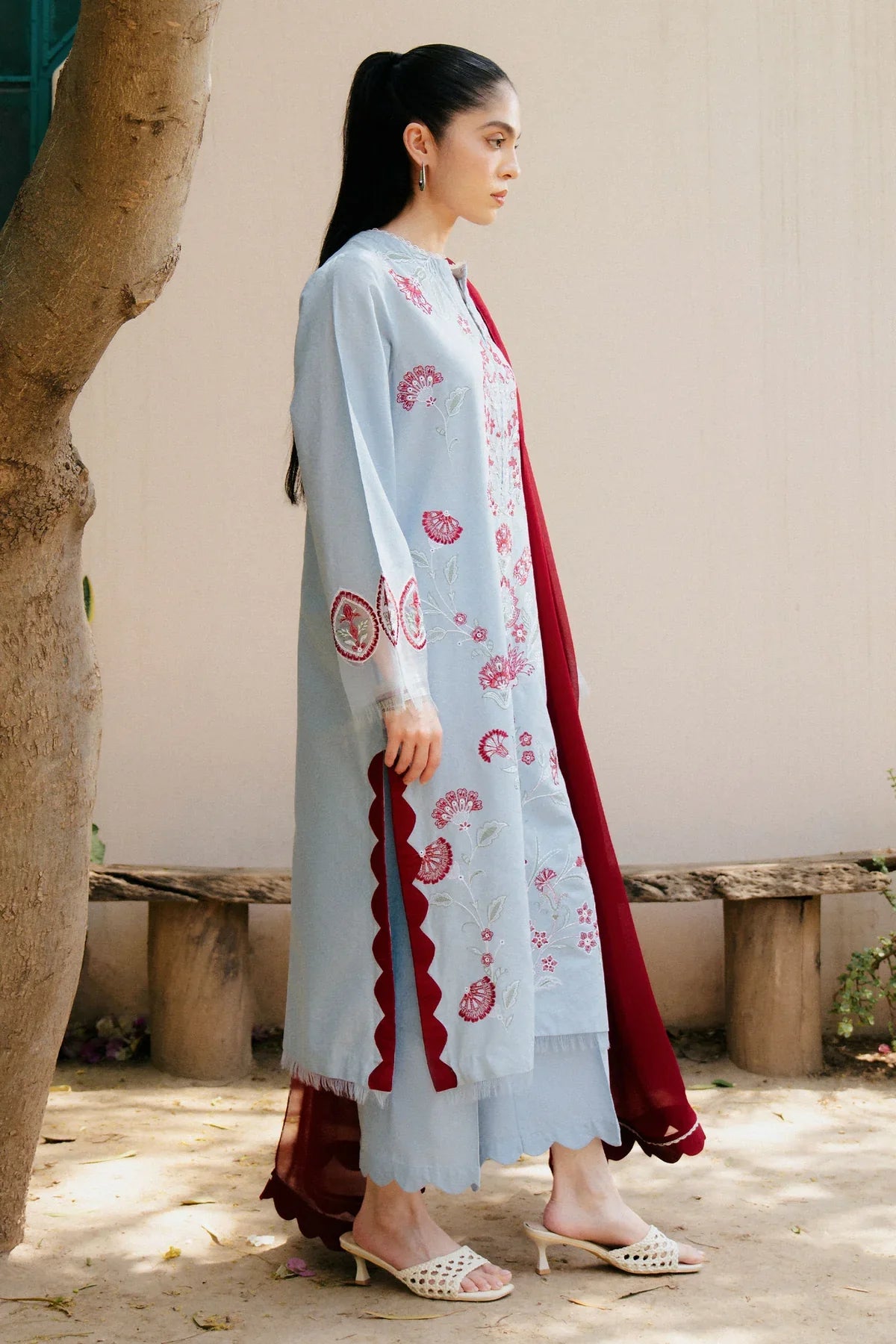 ZARA SHAH JAHAN - 3PC DHANAK EMBROIDERED SHIRT WITH DHANAK EMBROIDERED SHAWL AND TROUSER - HZG2329