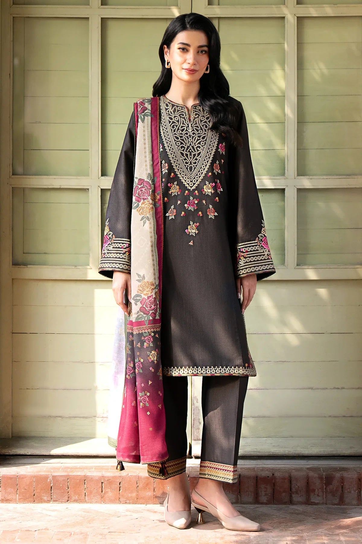 JAZMIN - 3PC KHADDAR EMBROIDERED SHIRT WITH PRINTED TWILL SHAWL AND TROUSER - HZG1797