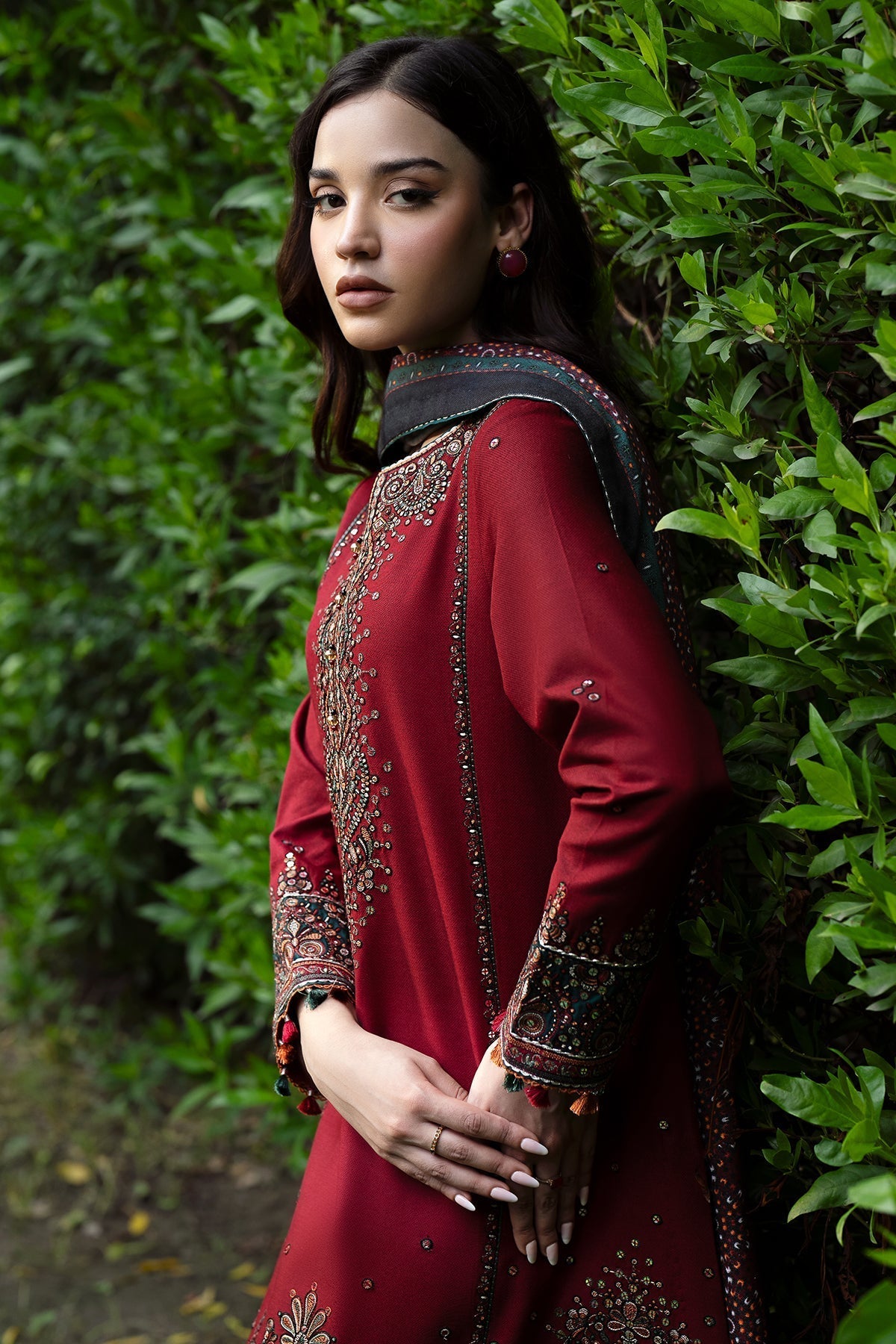 JAZMIN - 3PC DHANAK SEQUIN EMBROIDERED SHIRT WITH TWILL PRINTED SHAWL AND TROUSER - HZG1886