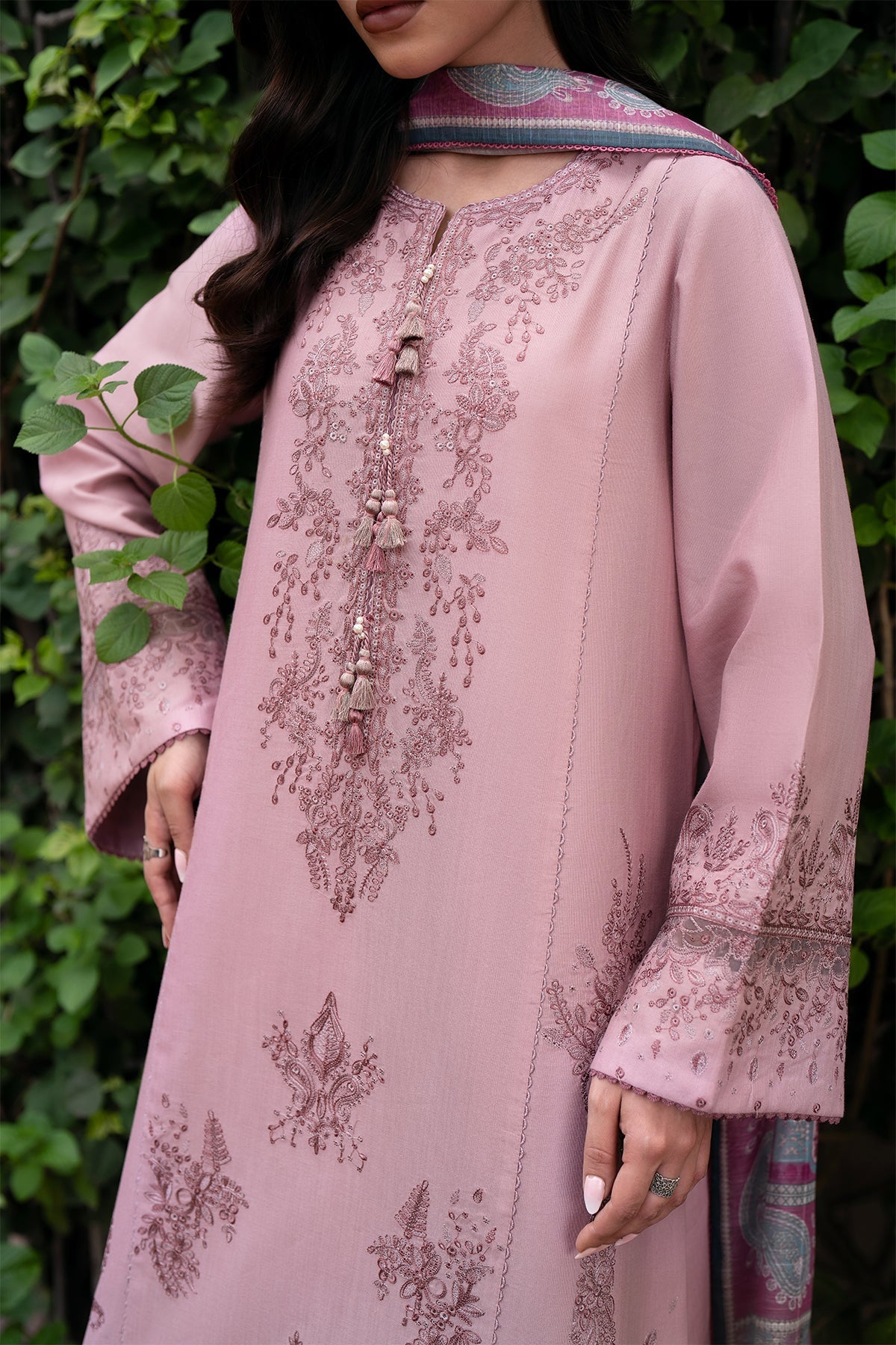 JAZMIN - 3PC DHANAK EMBROIDERED SHIRT WITH TWILL PRINTED SHAWL AND TROUSER - HZG1883