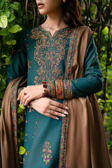 JAZMIN - 3PC DHANAK EMBROIDERED SHIRT WITH DHANAK EMBROIDERED SHAWL AND TROUSER - HZG1844