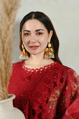 QALAMKAR - 3PC LAWN CHIKANKAARI EMBROIDERED SHIRT WITH CHIFFON PRINTED DUPATTA AND TROUSER - HZG2718