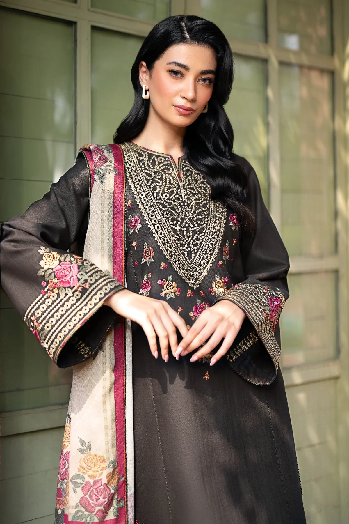 JAZMIN - 3PC KHADDAR EMBROIDERED SHIRT WITH PRINTED TWILL SHAWL AND TROUSER - HZG1797