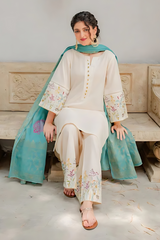 DYOT - 3PC DHANAK EMBROIDERED SHIRT WITH PRINTED MANAAR DUPATTA AND TROUSER - HZG1466