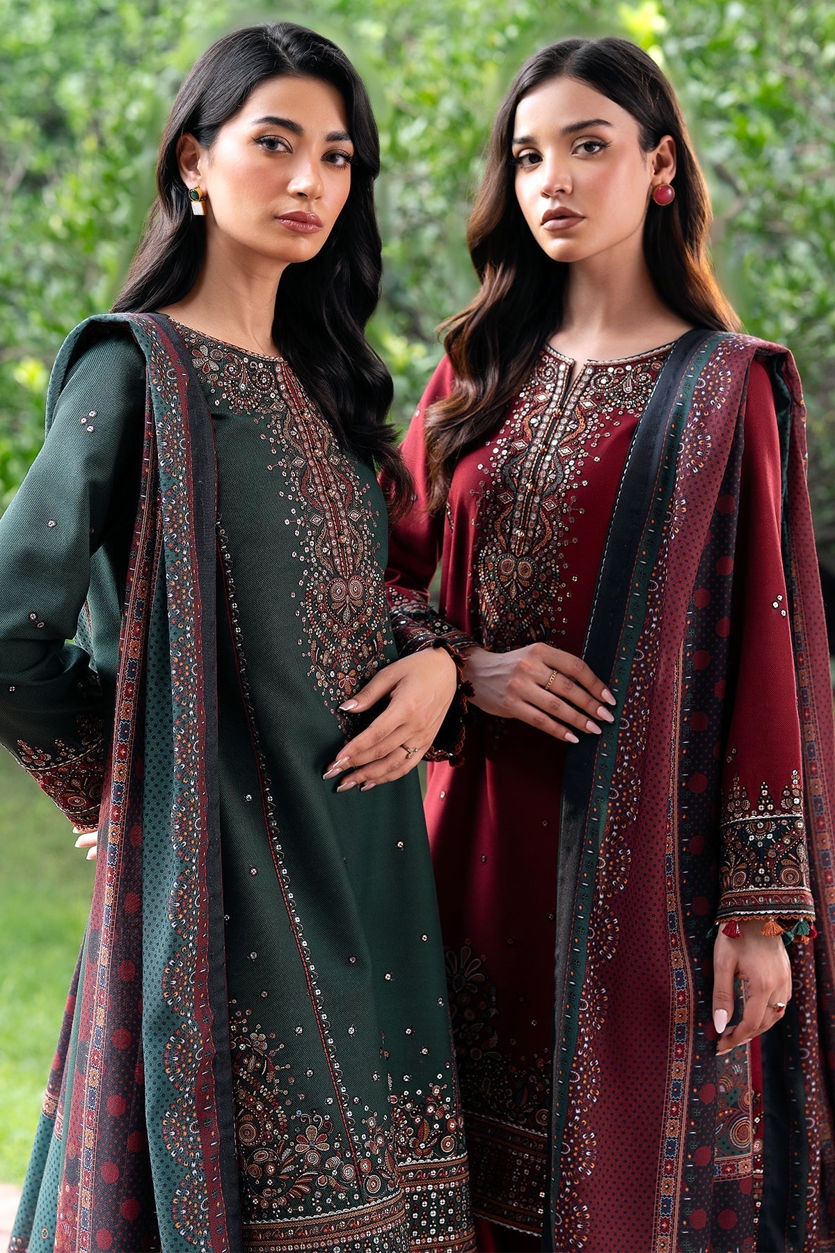 JAZMIN - 3PC DHANAK SEQUIN EMBROIDERED SHIRT WITH TWILL PRINTED SHAWL AND TROUSER - HZG1886