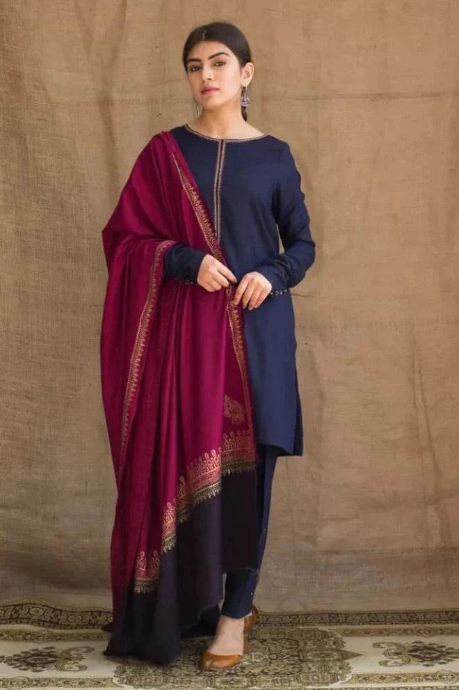 AISLING - 3PC DHANAK EMBROIDERED SHIRT WITH TWILL PRINTED SHAWL AND TROUSER - HZG1054
