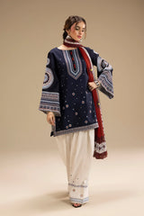 JAZMIN - 3PC DHANAK EMBROIDERED SHIRT WITH TWILL PRINTED SHAWL AND TROUSER - HZU2541