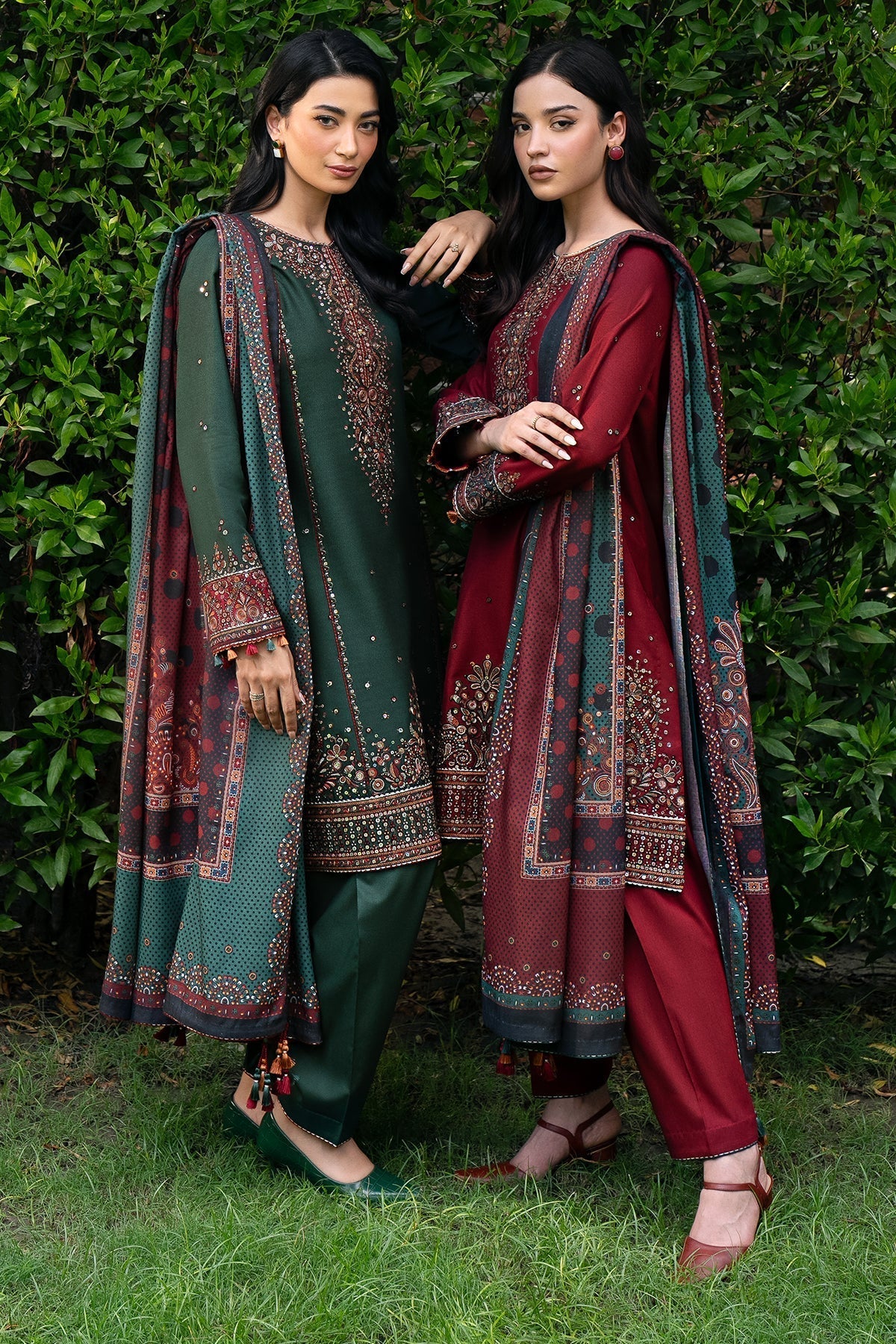 JAZMIN - 3PC DHANAK SEQUIN EMBROIDERED SHIRT WITH TWILL PRINTED SHAWL AND TROUSER - HZG1885