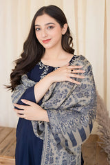 AISLING - 3PC DHANAK EMBROIDERED SHIRT WITH SLUB WOOL PRINTED SHAWL AND TROUSER - HZG1387