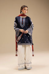 JAZMIN - 3PC DHANAK EMBROIDERED SHIRT WITH TWILL PRINTED SHAWL AND TROUSER - HZU2541