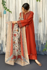 URGE - 3PC DHANAK EMBROIDERED SHIRT WITH TWILL PRINTED SHAWL AND TROUSER - HZG2355