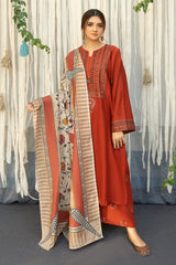 URGE - 3PC DHANAK EMBROIDERED SHIRT WITH TWILL PRINTED SHAWL AND TROUSER - HZG2355
