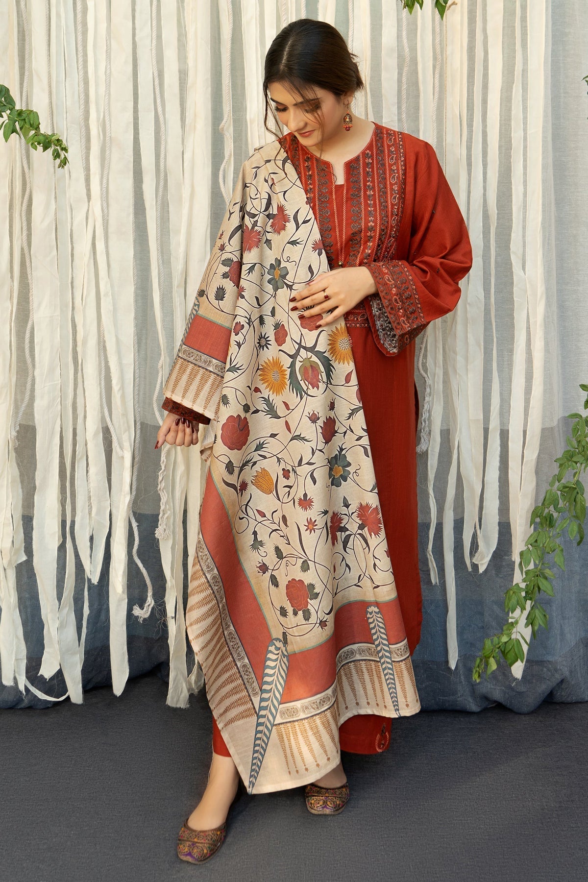 URGE - 3PC DHANAK EMBROIDERED SHIRT WITH TWILL PRINTED SHAWL AND TROUSER - HZG2355